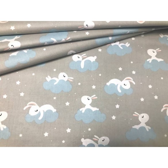 Cotton Fabric - Bunnies and Clouds on Grey