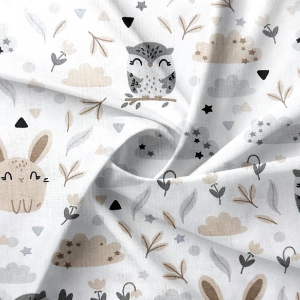 Cotton Fabric - Children Owls and Bunnies