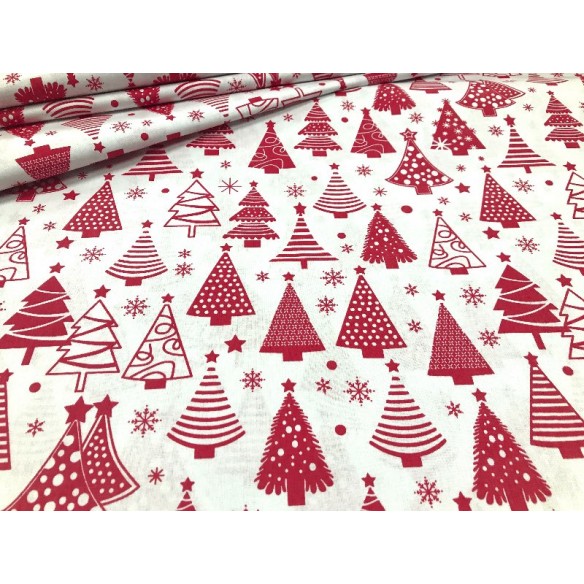 Cotton Fabric - Christmas Trees Red on White