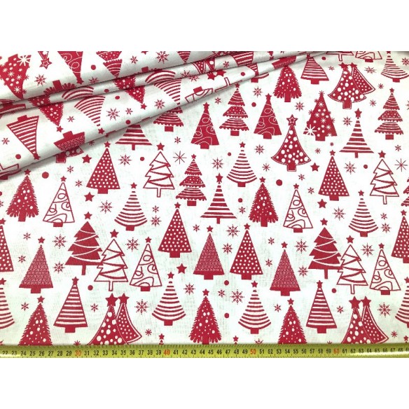 Cotton Fabric - Christmas Trees Red on White
