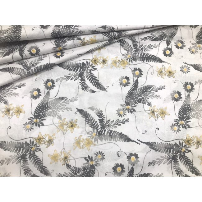 Cotton Fabric - Yellow-Grey Fern Leaves