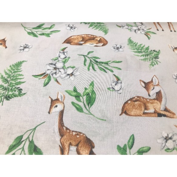 Cotton Fabric - Forest Animals Deer on Grey