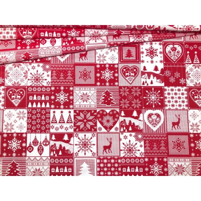 Cotton Fabric - Christmas Patchwork Tiles Red