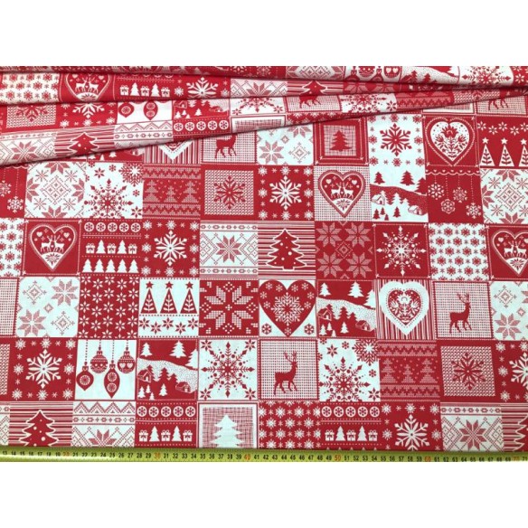 Cotton Fabric - Christmas Patchwork Tiles Red