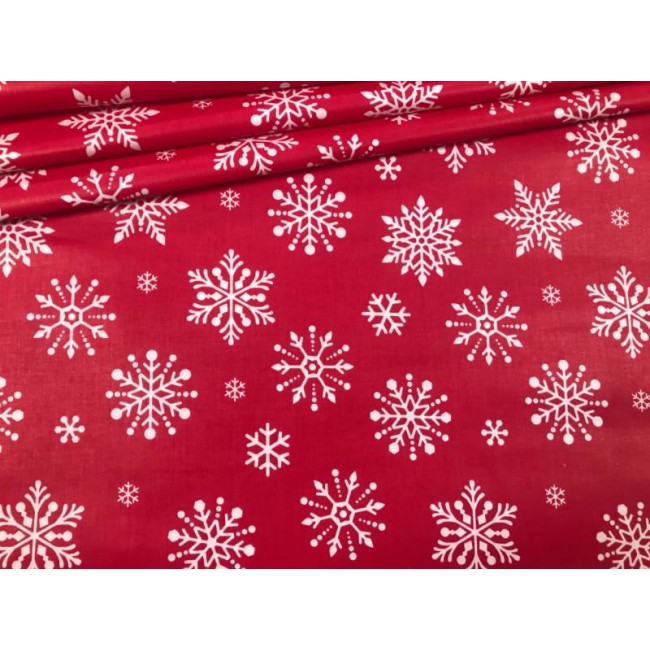 Bavlněná látka - vánoční velké bílé vločky na červené
