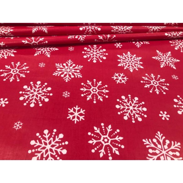 Cotton Fabric - Christmas Big White Snowflakes on Red