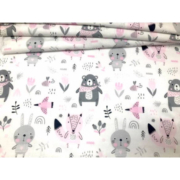 Cotton Fabric - Forest Animals Pink