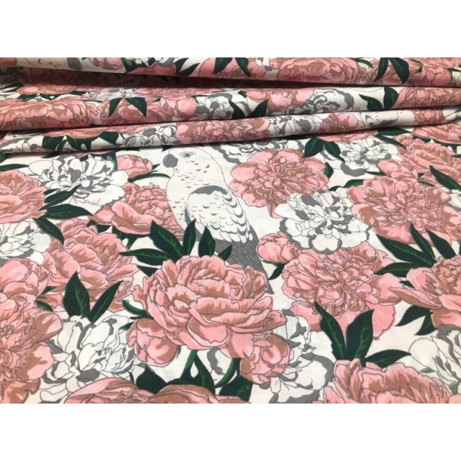 Cotton Fabric - Peony Flowers and Parrots