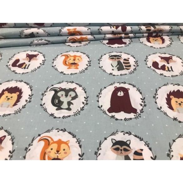 Cotton Fabric - Animals in Circles Mint