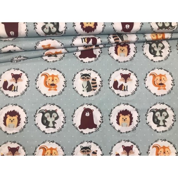 Cotton Fabric - Animals in Circles Mint