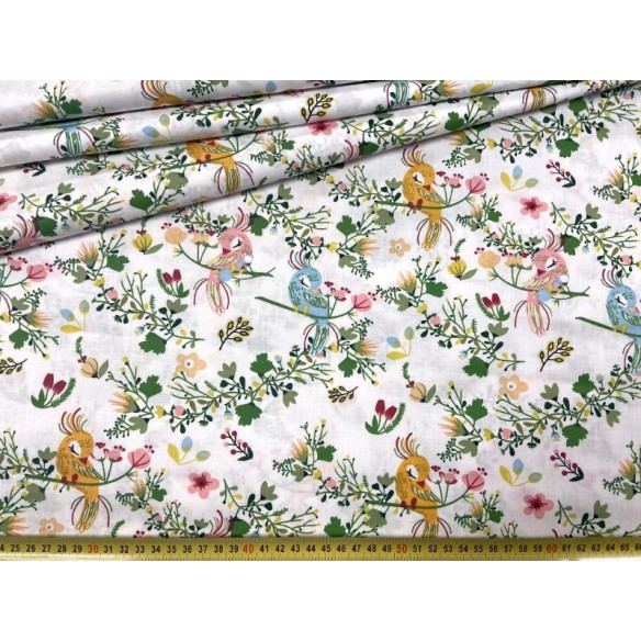 Cotton Fabric - Parrots and Flowers on White