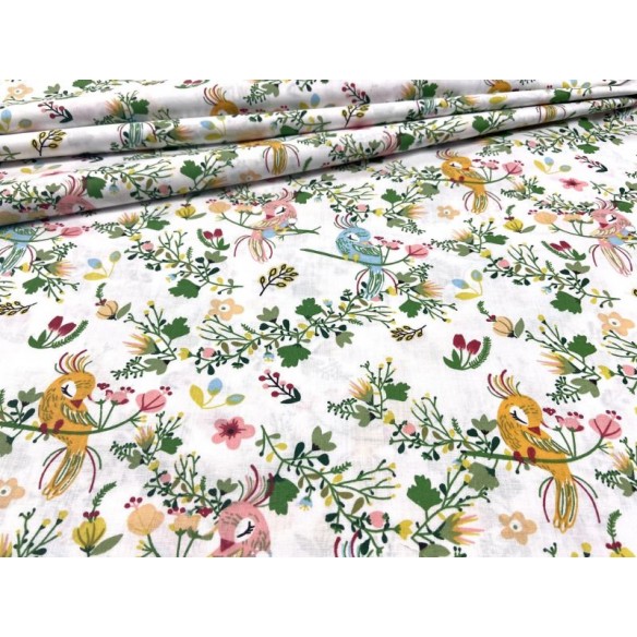 Cotton Fabric - Parrots and Flowers on White