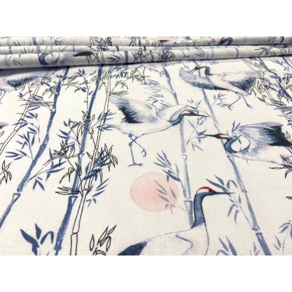 Cotton Fabric - Flowers and Birds Crane on White