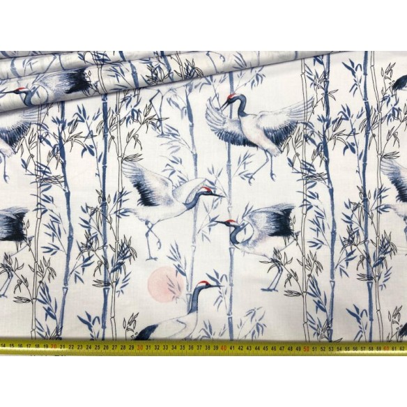 Cotton Fabric - Flowers and Birds Crane on White