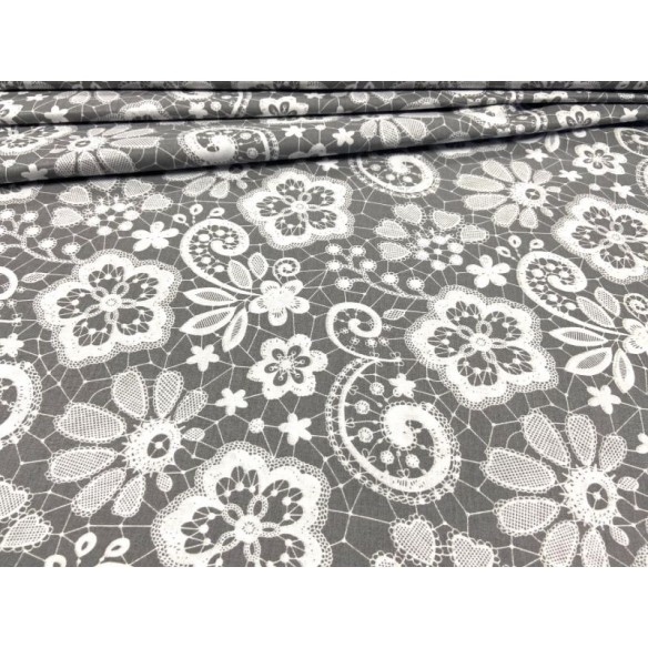 Cotton Fabric - Big White Lace on Grey