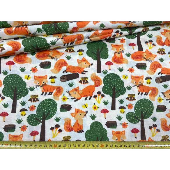 Cotton Fabric - Animals Foxes in the Forest