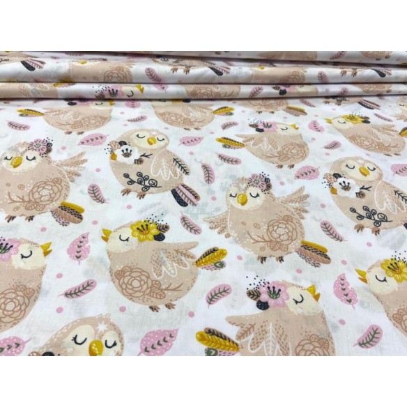 Cotton Fabric - Animals Sparrows and Feathers