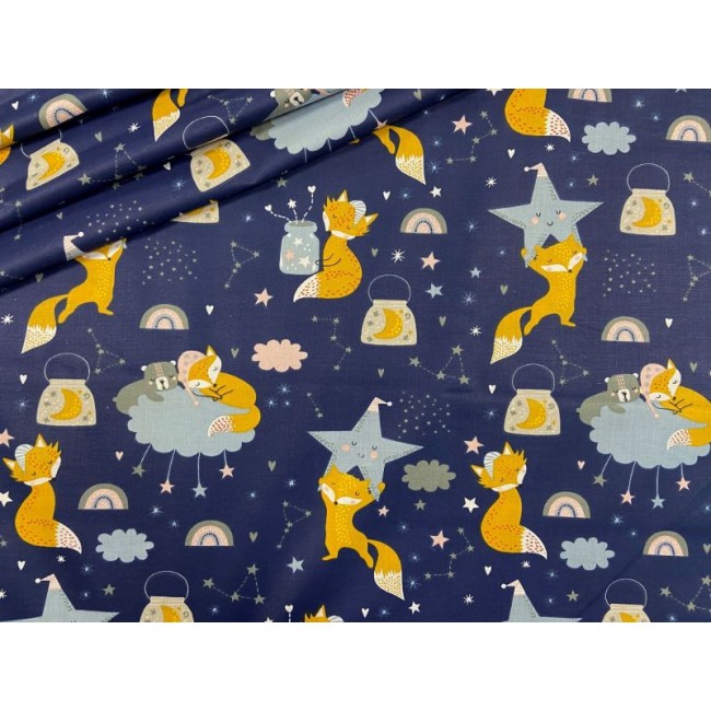 Cotton Fabric - Foxes Galaxy on Navy Blue