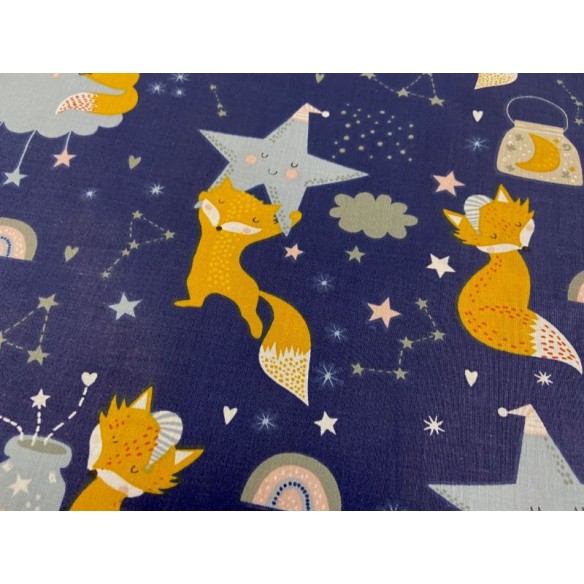 Cotton Fabric - Foxes Galaxy on Navy Blue