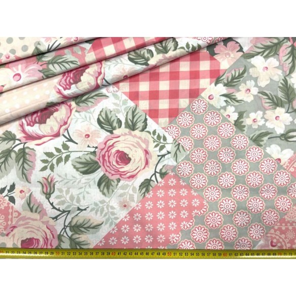 Cotton Fabric - Checkered Roses Patchwork