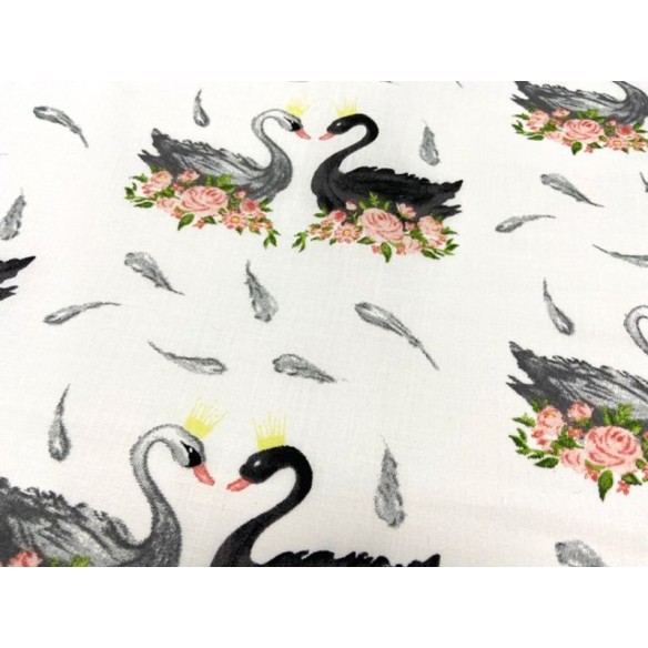 Cotton Fabric - Black-White Swans