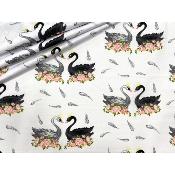 Cotton Fabric - Black-White Swans