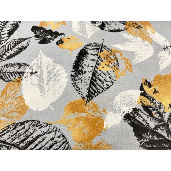 Cotton Fabric - White Black and Beige Leaves