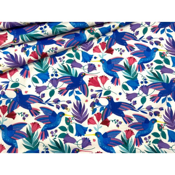 Cotton Fabric - Flowers and Hummingbird Cornflower Blue