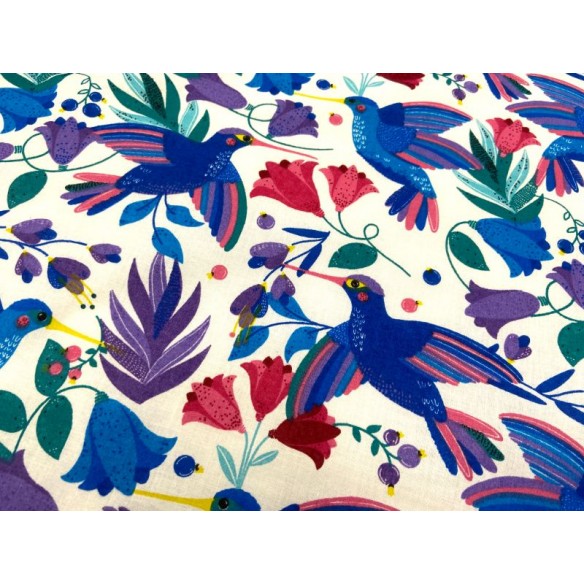 Cotton Fabric - Flowers and Hummingbird Cornflower Blue