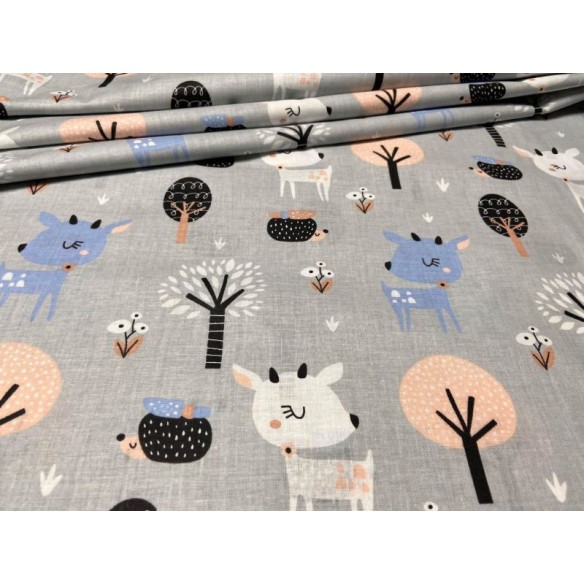 Cotton Fabric - Deer in the Forest on Grey