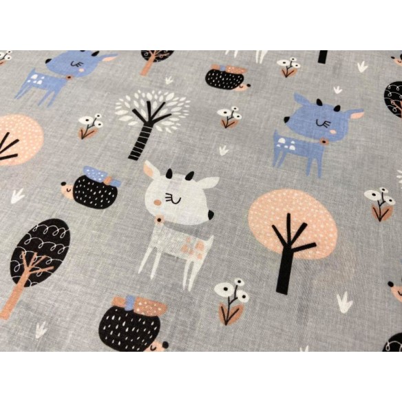 Cotton Fabric - Deer in the Forest on Grey