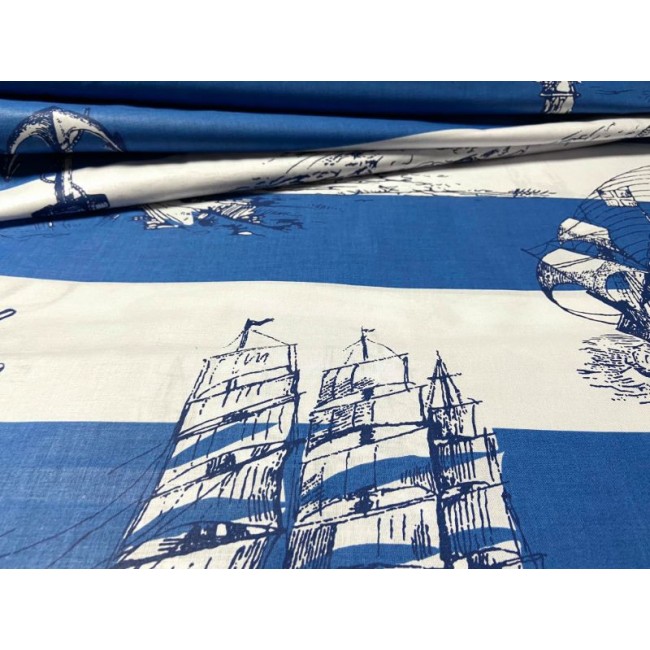 Cotton Fabric - Ships White-Blue Stripes