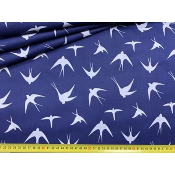 Cotton Fabric - White Swallows on Navy Blue