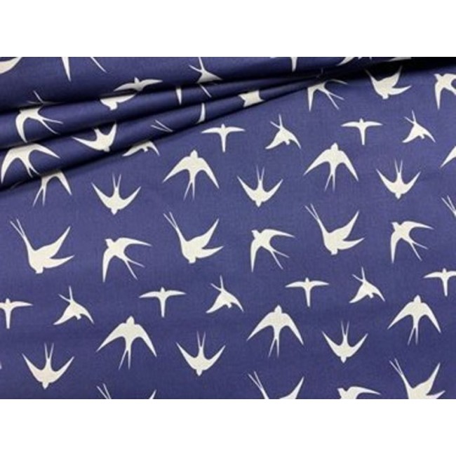 Cotton Fabric - White Swallows on Navy Blue
