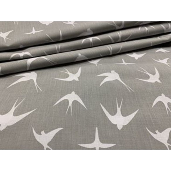 Cotton Fabric - White Swallows on Grey