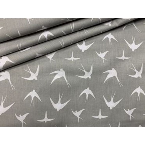 Cotton Fabric - White Swallows on Grey