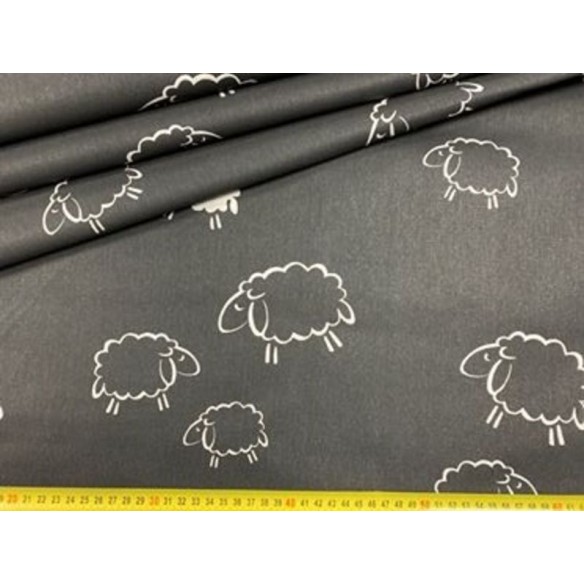 Cotton Fabric - Sheep on Black Background