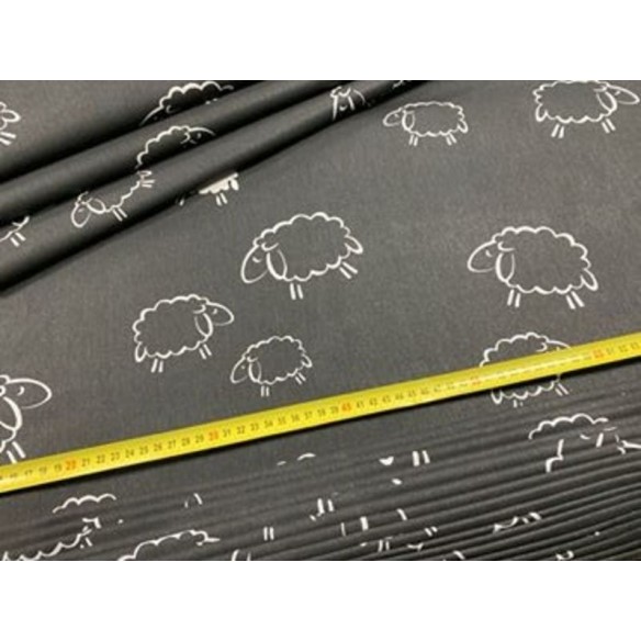 Cotton Fabric - Sheep on Black Background