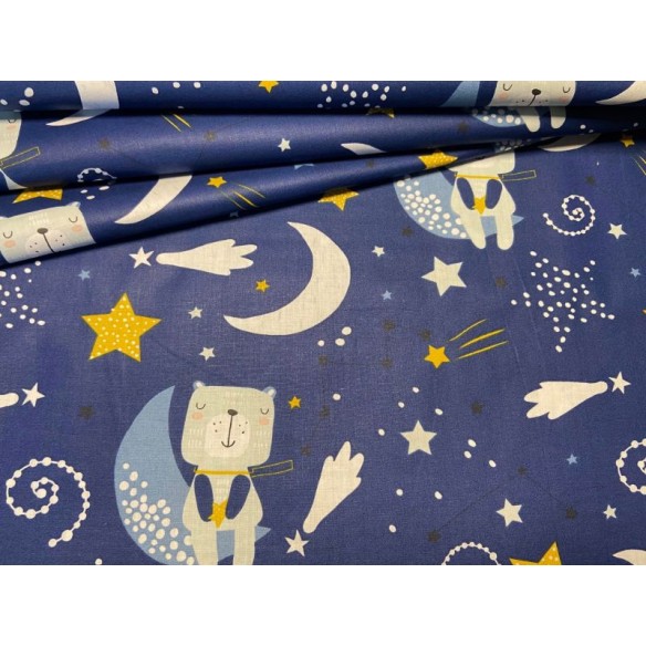 Cotton Fabric - Navy Blue Bears on the Moon