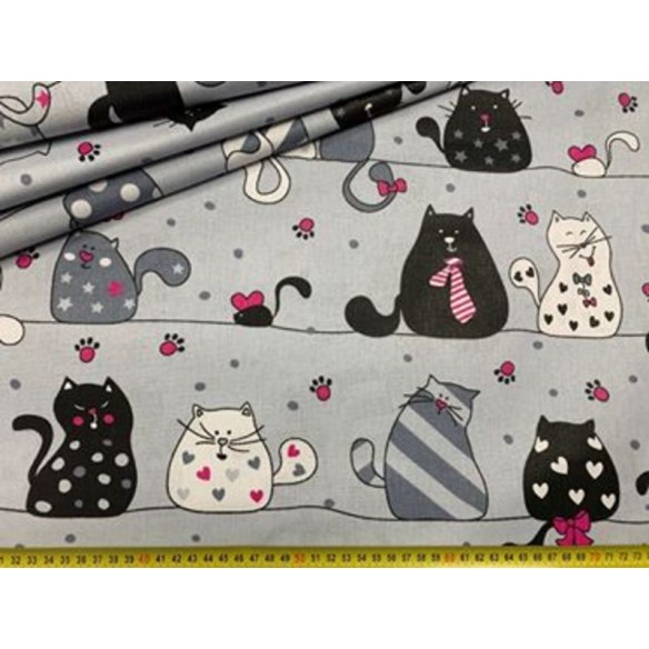 Cotton Fabric - Cats on a Line Amaranth