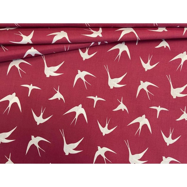 Cotton Fabric - White Swallows on Maroon