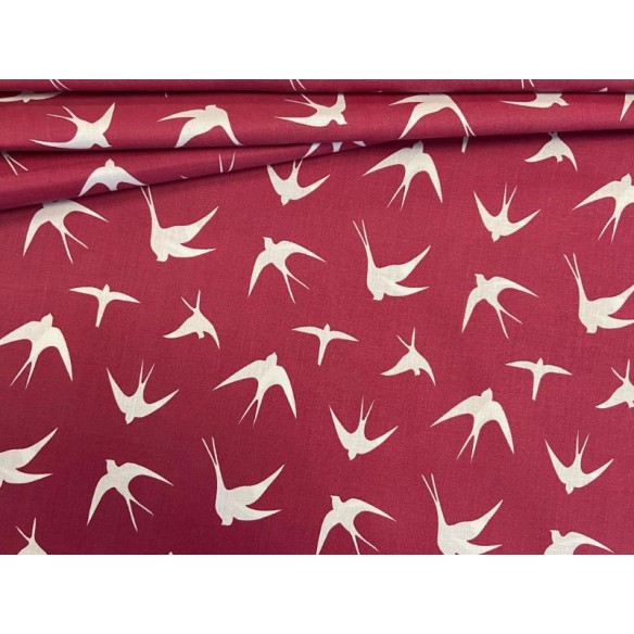 Cotton Fabric - White Swallows on Maroon