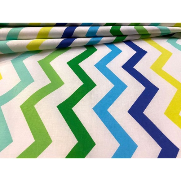 Cotton Fabric - Green-Yellow-Blue Zigzag