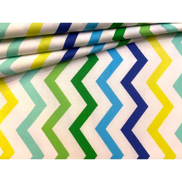 Cotton Fabric - Green-Yellow-Blue Zigzag