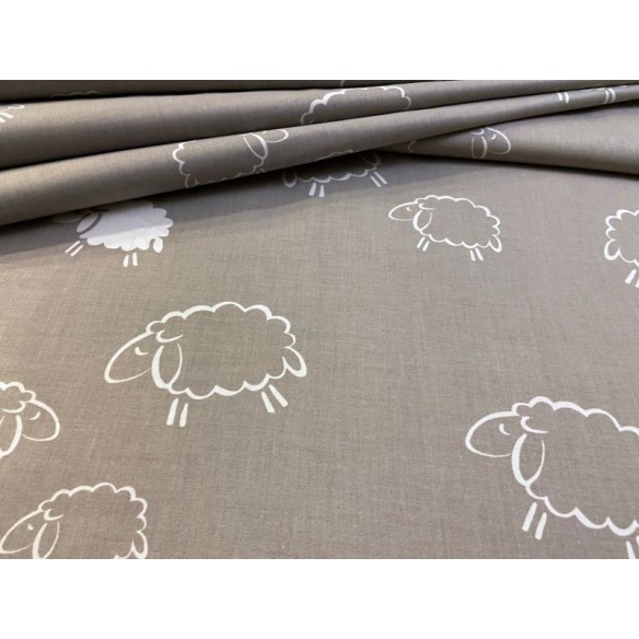 Cotton Fabric - White Sheep on Grey Background