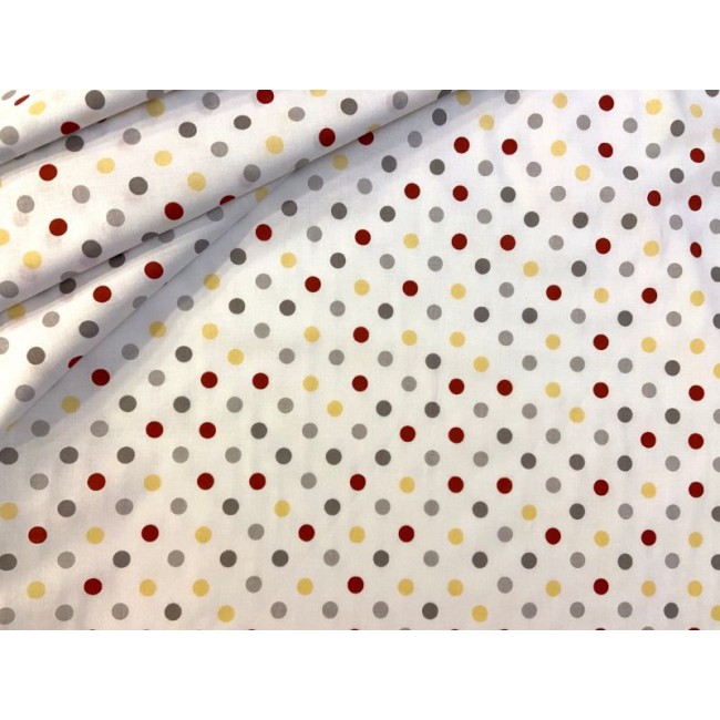 Cotton Fabric - Medium Red Grey Yellow Dots