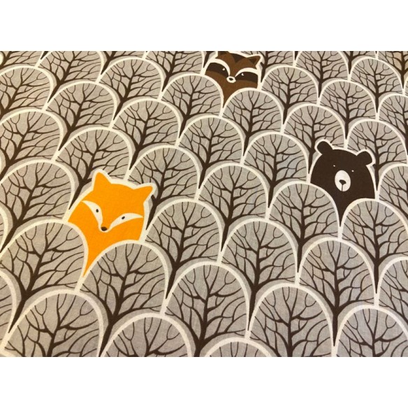 Cotton Fabric - Peek-A-Boo in the Forest Bear and Raccoon Grey
