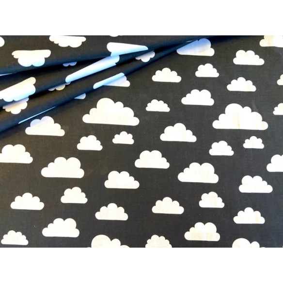 Cotton Fabric - Big White Clouds on Black