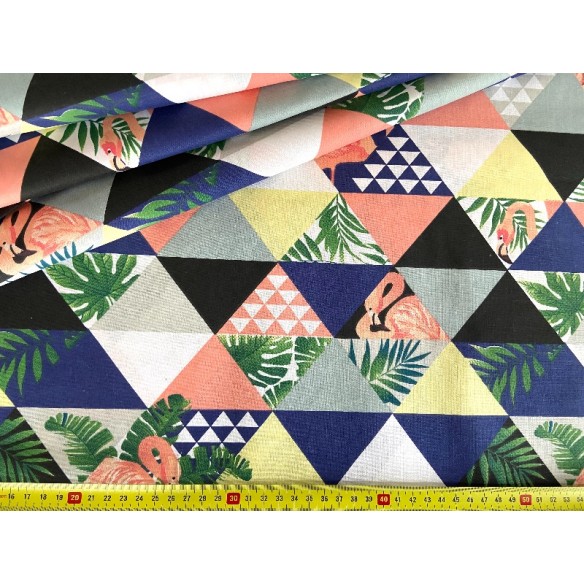 Cotton Fabric - Flamingos Triangles Flowers
