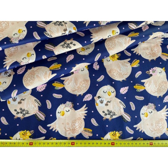 Cotton Fabric - Sparrows and Feathers on Navy Blue